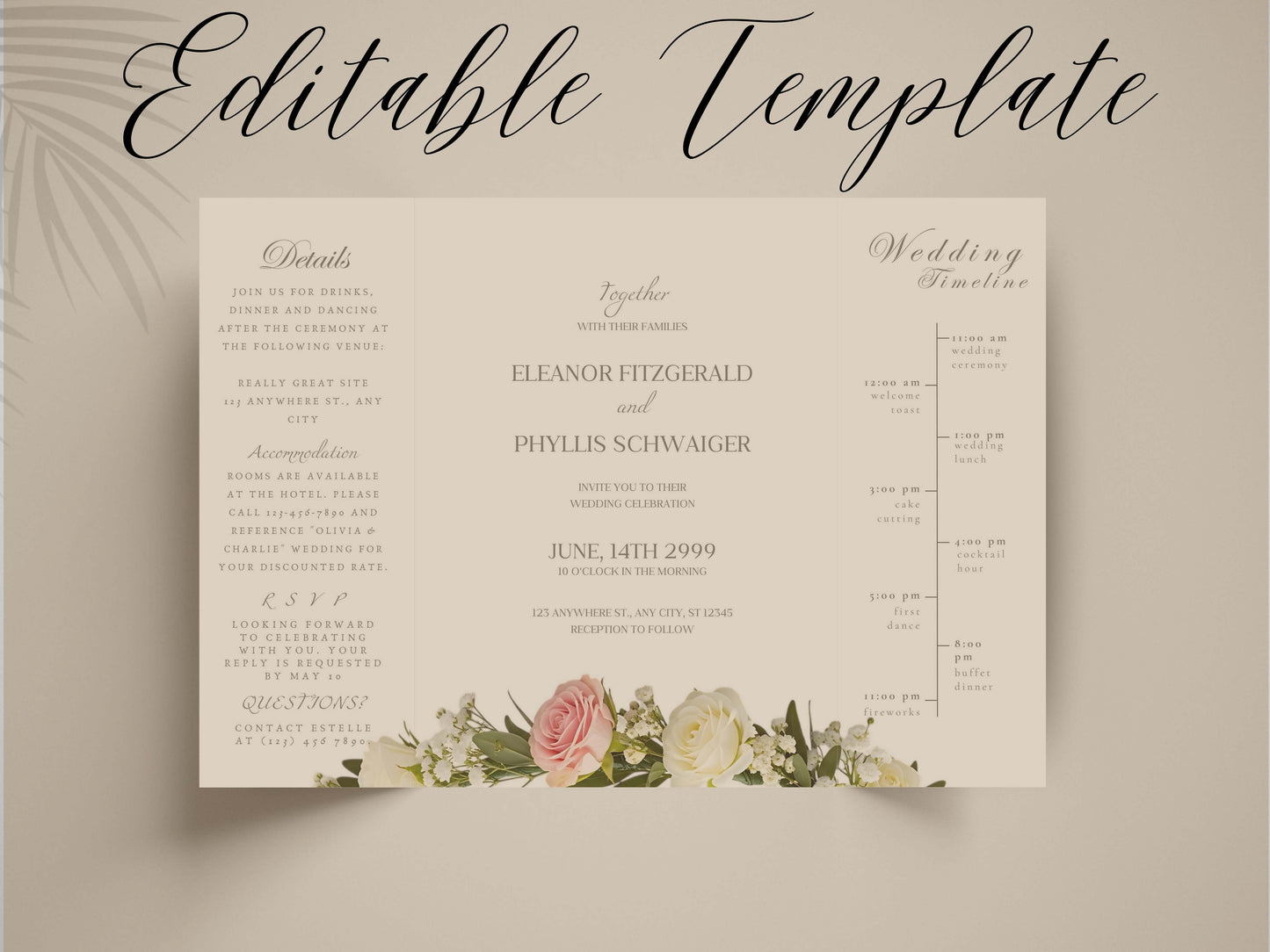 Elegant Wedding Invitation Card | Modern Floral Timeline Invite | Printable Details & Schedule | Personalized Digital Download. WI162
