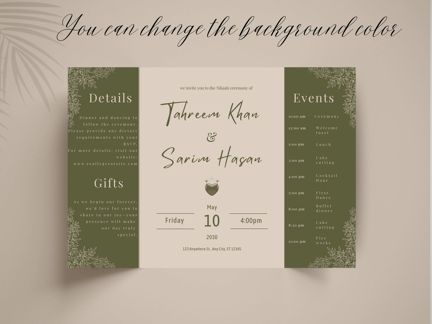 Elegant Green Floral Wedding Invitation Template | Modern Folded Wedding Invite with Timeline | Printable Wedding Suite. WI151