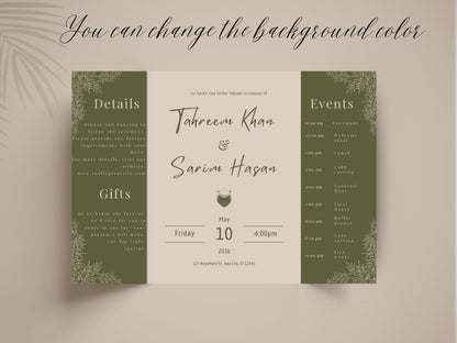 Elegant Green Floral Wedding Invitation Template | Modern Folded Wedding Invite with Timeline | Printable Wedding Suite. WI151