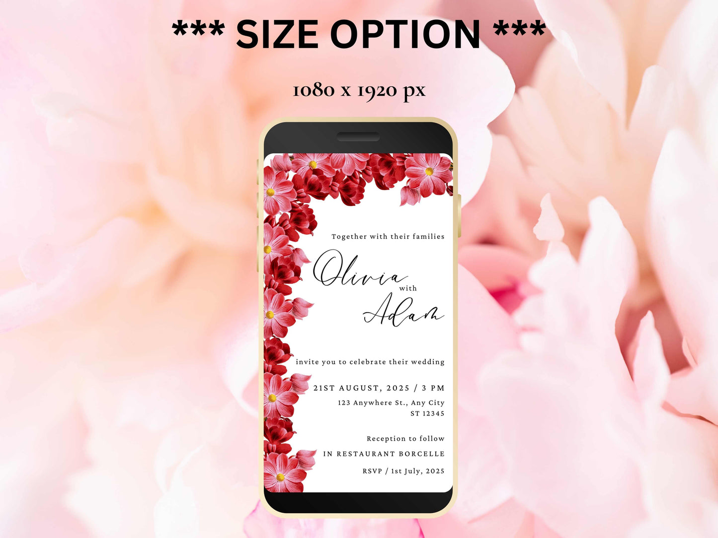 Red Flowers Wedding Evite Template, Electronic Wedding Invitation, video Wedding Invitation, Text Message, Mobile Phone Invite. WEI44