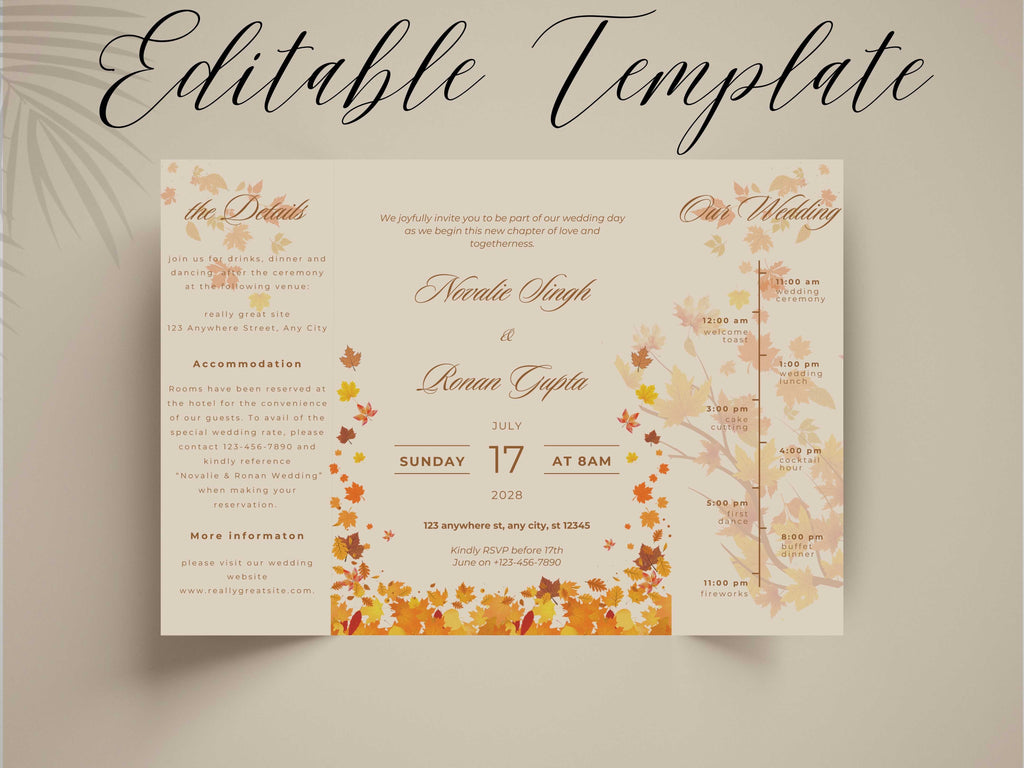 Autumn Wedding Card Template | Fall Leaves Wedding Details Card | Editable Timeline Program | Orange Wedding Invitation Printable. 174