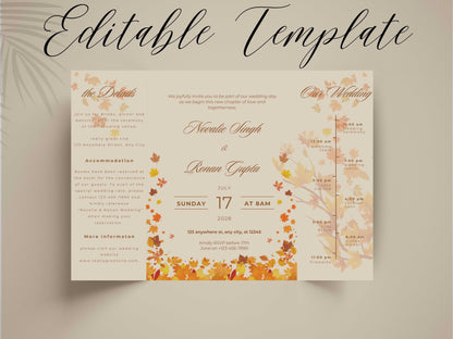 Autumn Wedding Card Template | Fall Leaves Wedding Details Card | Editable Timeline Program | Orange Wedding Invitation Printable. 174