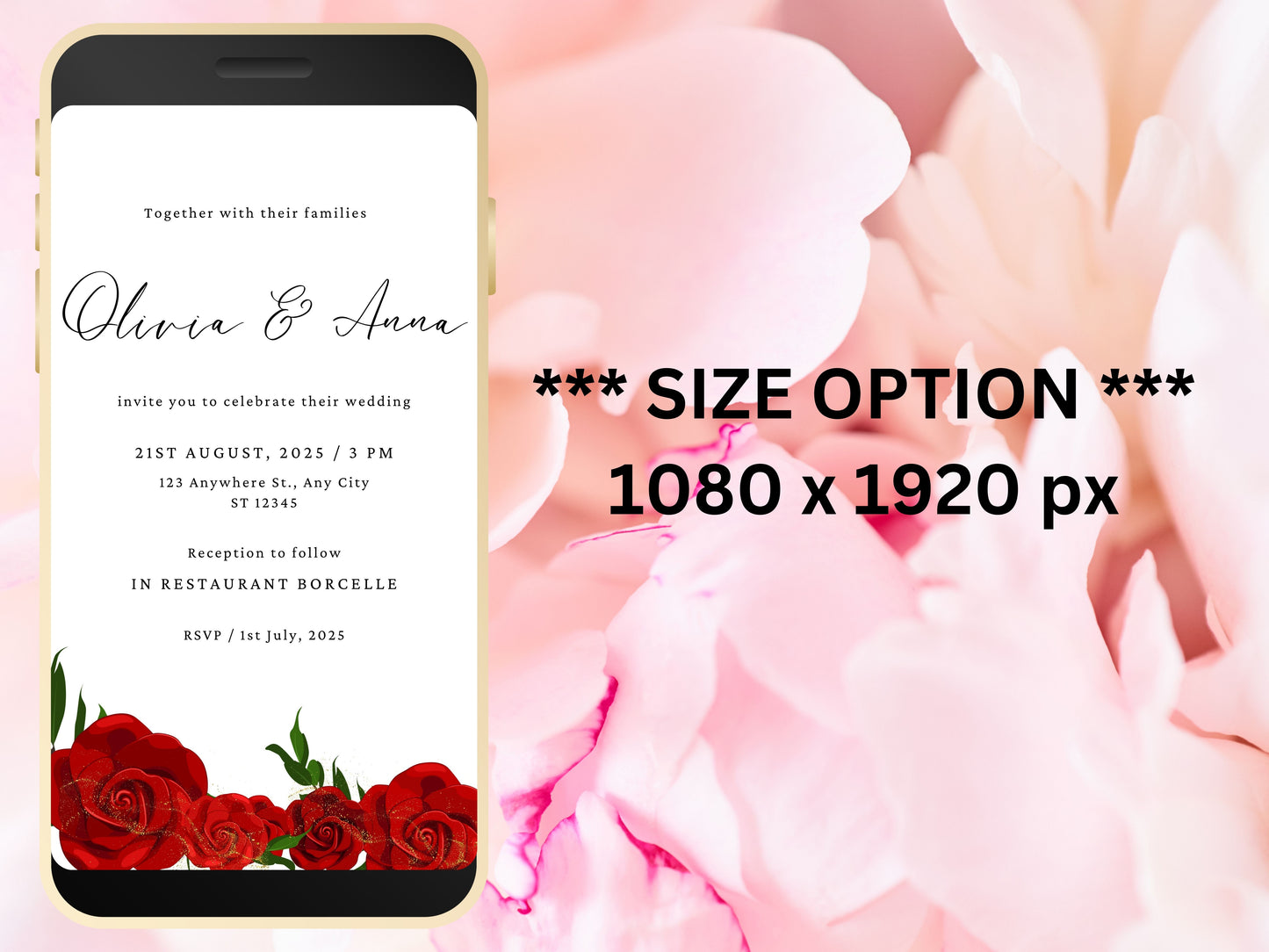 Red Rose Wedding Evite Template, Electronic Wedding Invitation, Red Rose video Wedding Invitation, Text Message, Mobile Phone Invite. WEI35