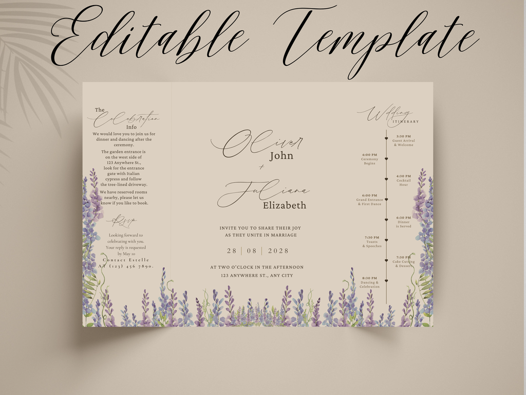 Lavender Wedding Invitation Template, Elegant Floral Itinerary Invite, Rustic Garden Wedding Suite, Editable Purple Flower Invitation.WI178