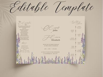 Lavender Wedding Invitation Template, Elegant Floral Itinerary Invite, Rustic Garden Wedding Suite, Editable Purple Flower Invitation.WI178