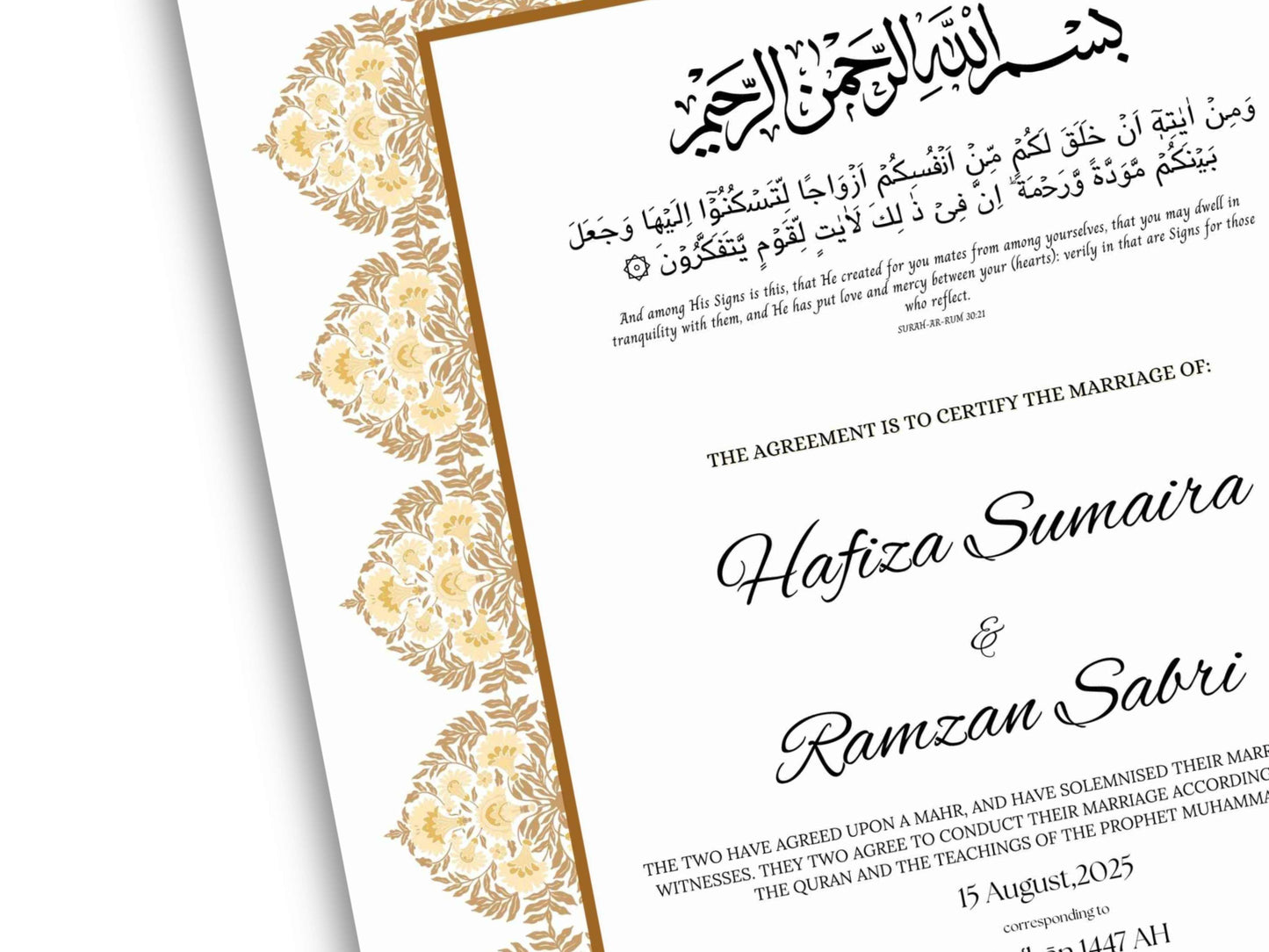 Luxury Nikkah Certificate, Premium A4 Islamic Wedding Contract, Nikkah Nama, Muslim Marriage Certificate, Personalised Names, A4, A3. NN295