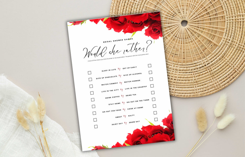 Red Rose Wedding Shower Game, Modern Bridal Shower Game, Editable Text, Modern Editable Game Card, WS47