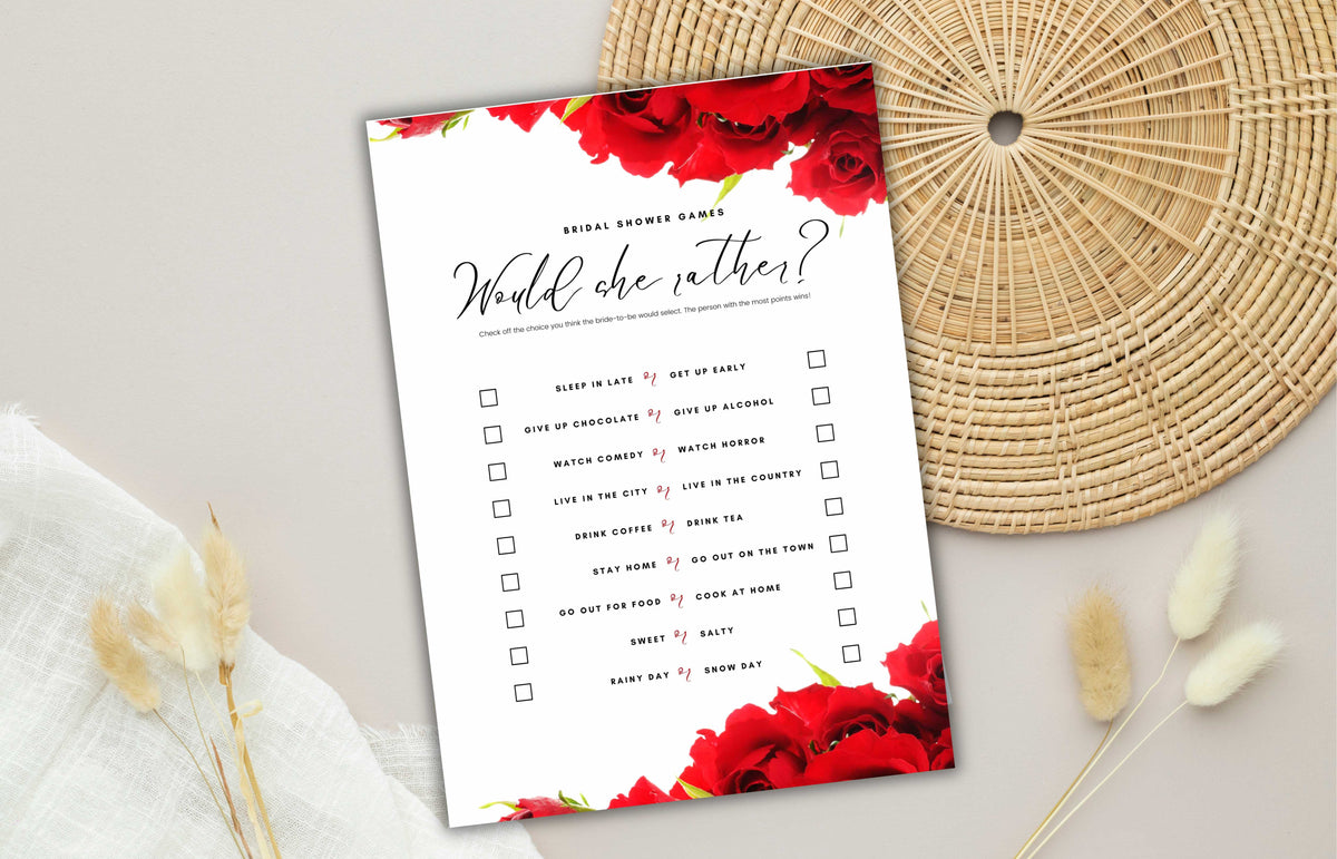 Red Rose Wedding Shower Game, Modern Bridal Shower Game, Editable Text, Modern Editable Game Card, WS47