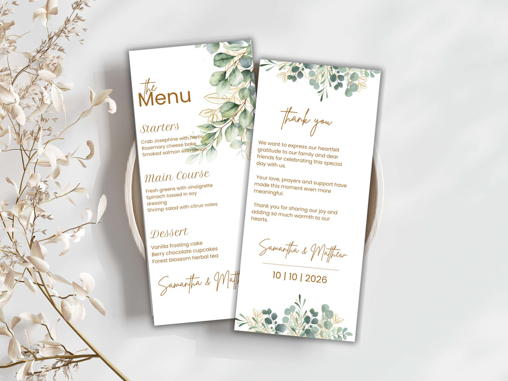 Boho Greenery Wedding Menu Template | Eucalyptus Place Card & Thank You Card | Minimalist Wedding Printable Set | Instant Download. WI188