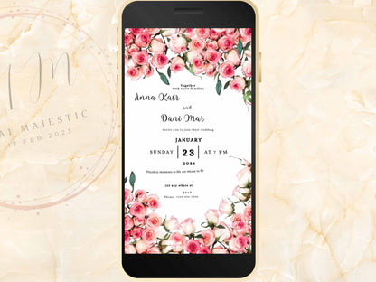 Pink Rose Wedding Evite Template, Electronic Wedding Invitation, Pink Rose video Wedding Invitation, Mobile Phone Invite. WEIB22