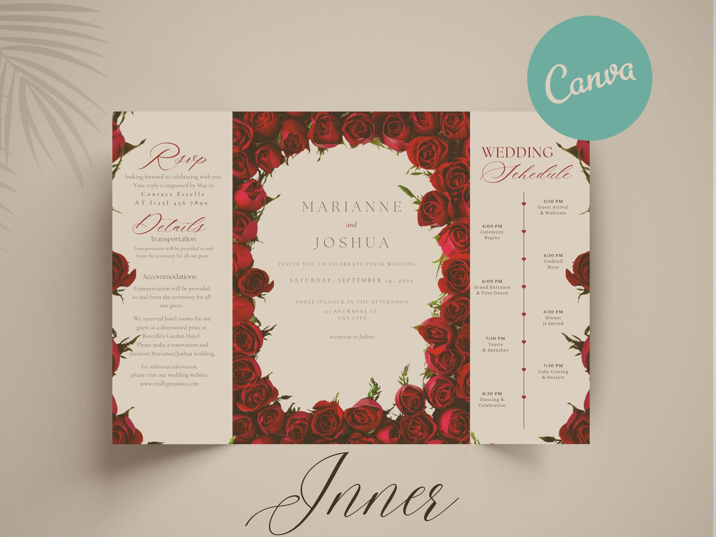 Elegant Red Rose Gatefold Wedding Invitation | Romantic Floral Wedding Card | Printable Wedding Invite with Schedule & RSVP. WI139