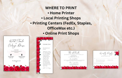 Red Rose Wedding Invitation set, Red Rose RSVP, Dark Red floral, Red Rose wedding Invitation, Details, Editable, Thank You Card. WIT64