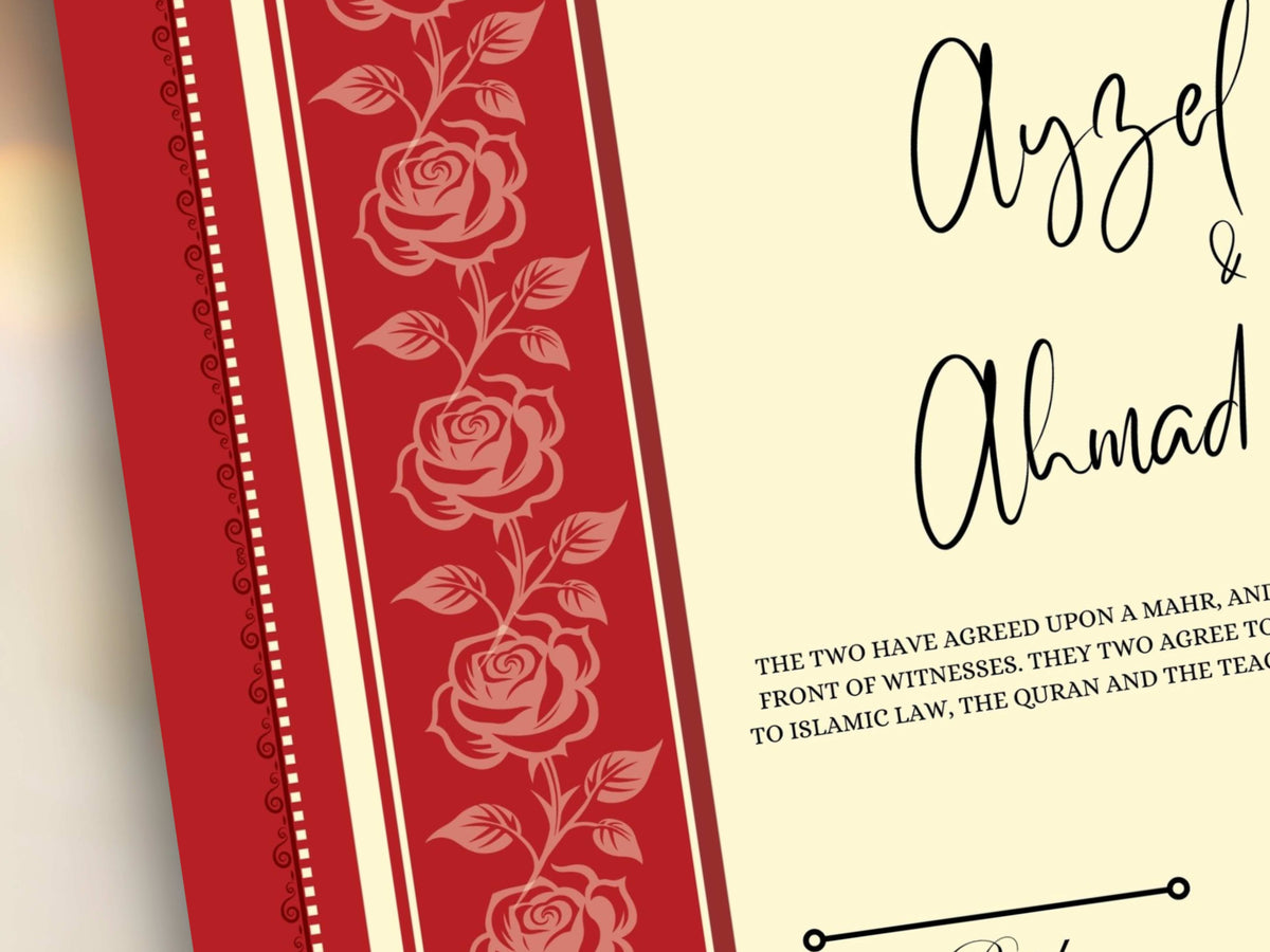 Rose Nikkah Certificate Template, Editable Nikkahnama, Printable Nikah Contract, Muslim Contract, Red Nikkah Islamic Marriage Contract.NN252