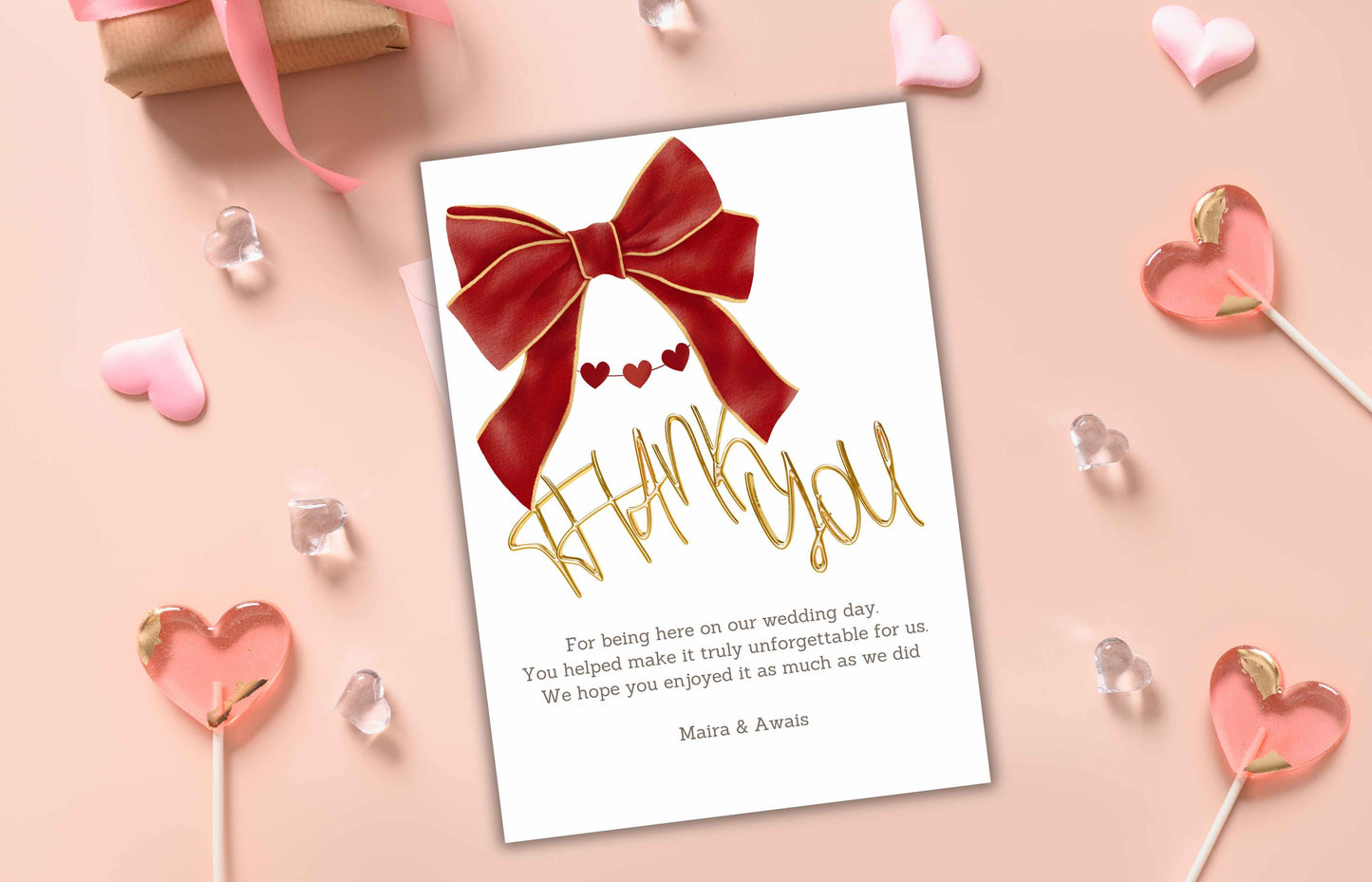 Bow Wedding Thank you Card, Ribbon Thank you Template, Red and White, Coquette Marriage Template, Minimalist Design. WS47