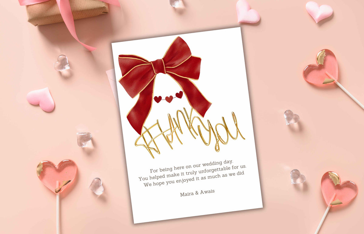 Bow Wedding Thank you Card, Ribbon Thank you Template, Red and White, Coquette Marriage Template, Minimalist Design. WS47