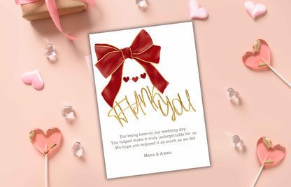 Bow Wedding Thank you Card, Ribbon Thank you Template, Red and White, Coquette Marriage Template, Minimalist Design. WS47