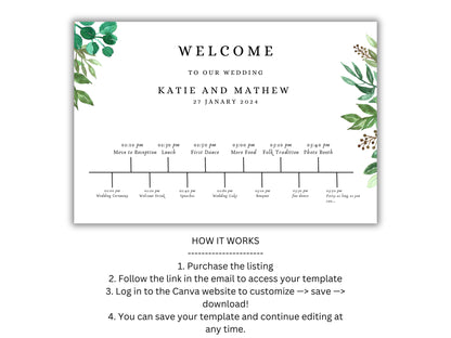 Large Wedding Welcome Timeline Sign Template, Wedding Order of the Day, Wedding Timeline Template, Digital Template. WT 32