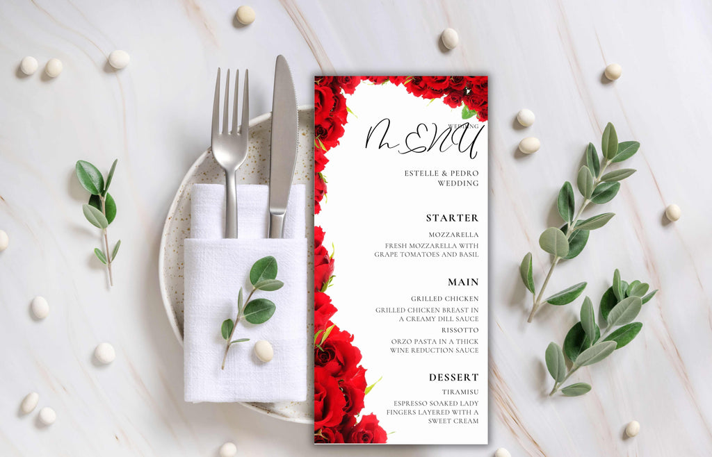 Wedding Menu Template Download, Red Rose Wedding Menu Cards, Menu Template, Wedding Menus, Modern Reception Dinner Menu Editable, WS48