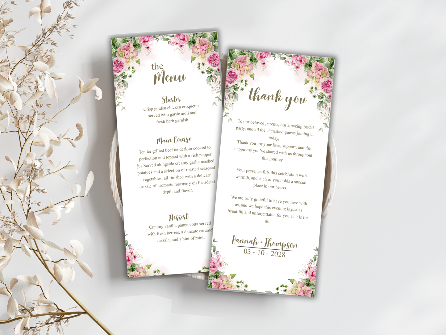 Wedding Thank you Card, Menu Card, Table Card. WI306