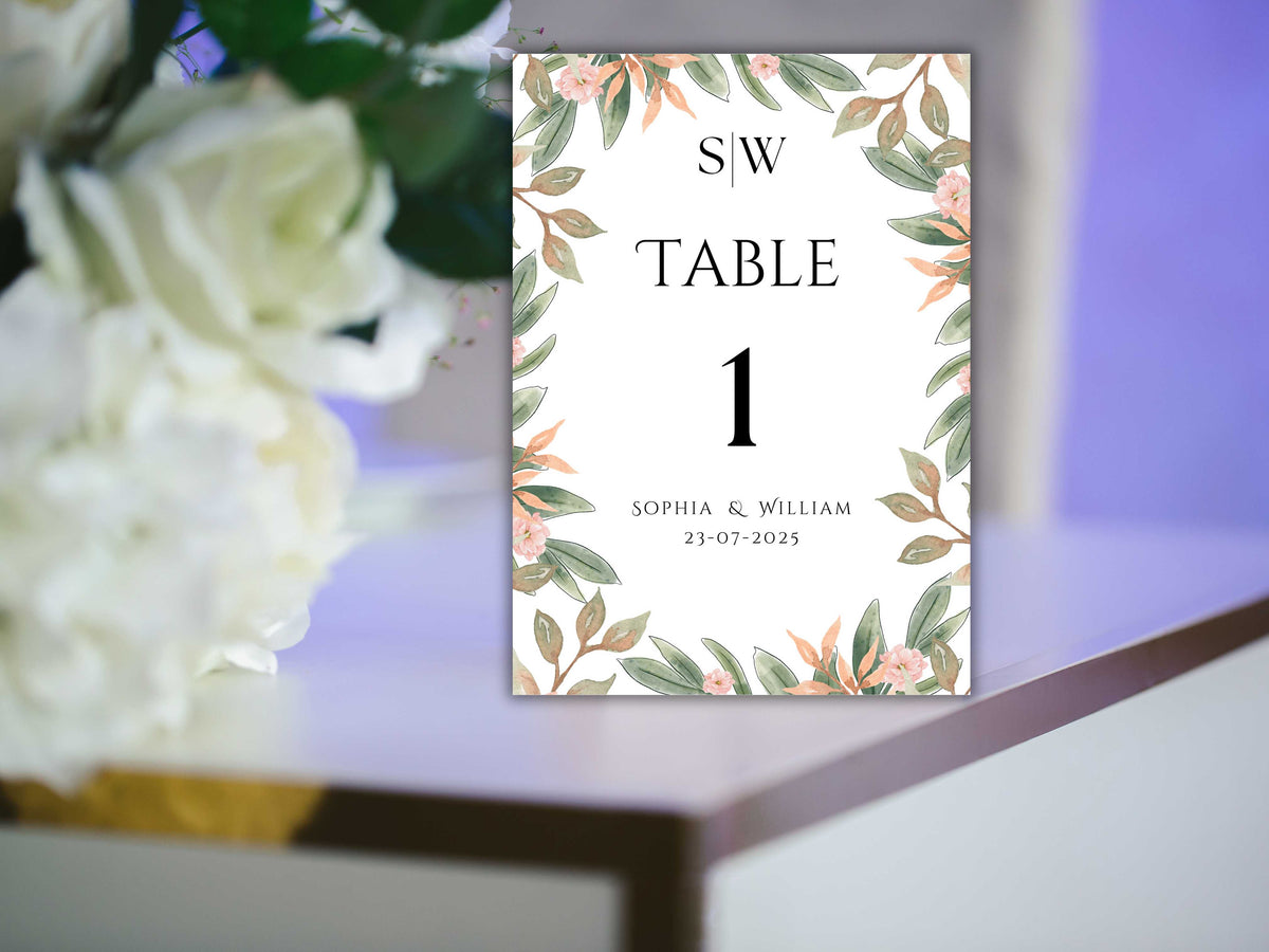Wedding Table Numbers Template, Wedding Table Numbers, Pink Flower, Floral Wreath, Printable Table Numbers, Wedding Seating Chart. TS2