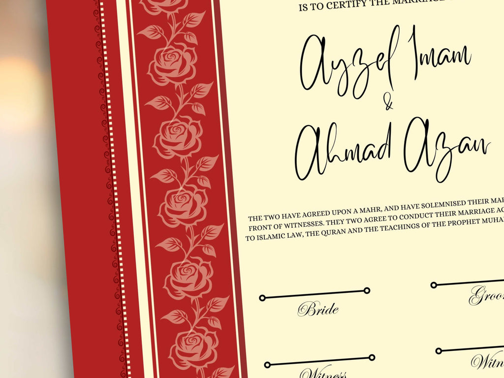 Rose Nikkah Certificate Template, Editable Nikkahnama, Printable Nikah Contract, Muslim Contract, Red Nikkah Islamic Marriage Contract.NN253