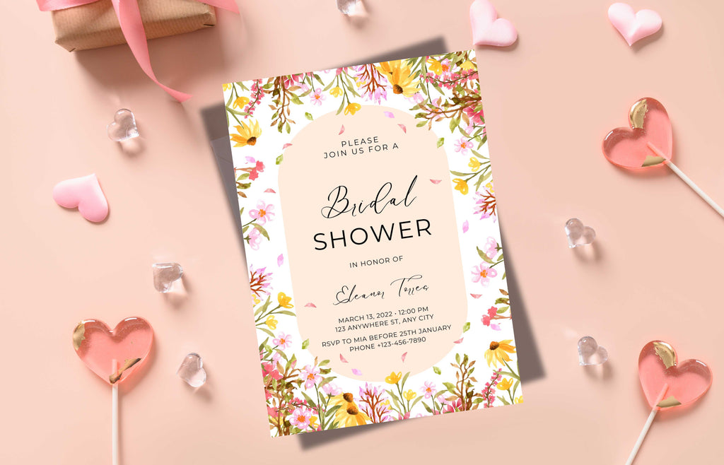 Boho Floral Bridal shower invitation, Spring Bridal shower invitation template, Wildflower bridal invitation, Editable Template, WS42