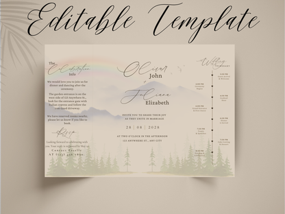 Mountain Wedding Invitation Template | Watercolor Forest Itinerary Invite | Rustic Outdoor Wedding Program | Editable Template.wi177