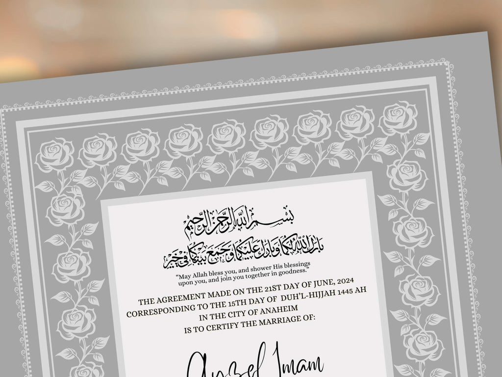 Rose Nikkah Certificate Template, Editable Nikkahnama, Printable Nikah Contract, Muslim Contract, Nikkah Islamic Marriage Contract.NN256