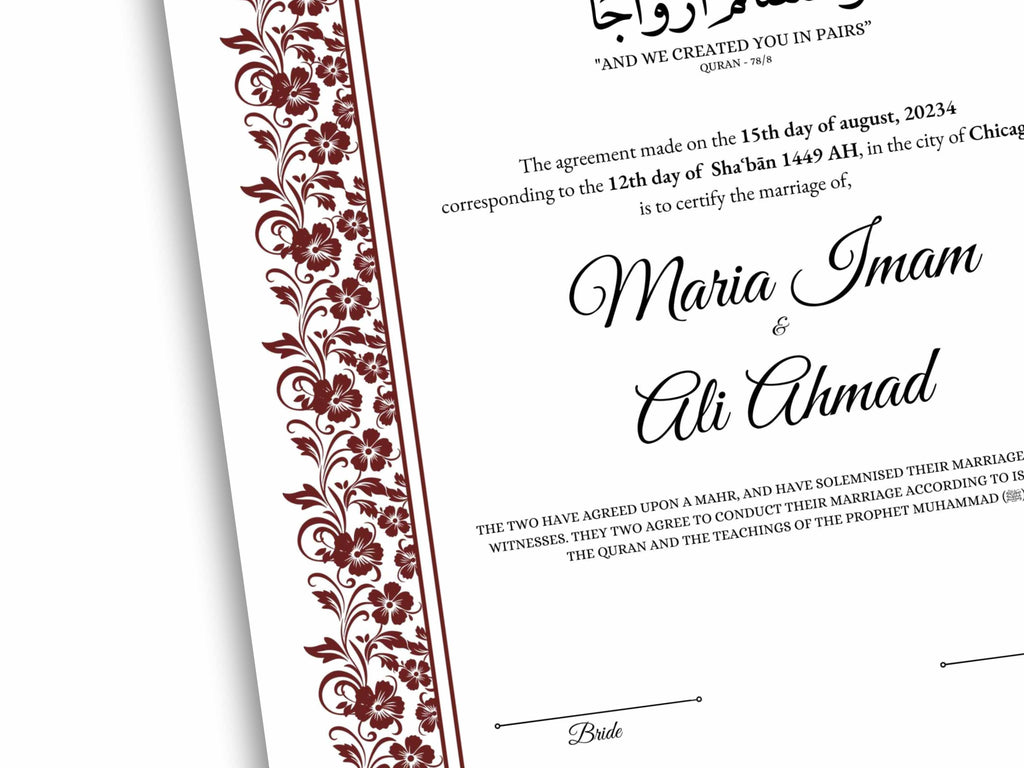 Nikkah Certificate Digital Download Personalised, A4, A3, Template, Editable, Nikkah Nama, Nikkah Contract, 273 Muslim Contract.