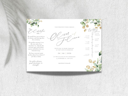 Gatefold Wedding Invitation Template | Green Folded Invite | Printable Ceremony Card | Modern Wedding Schedule Design. WIB127