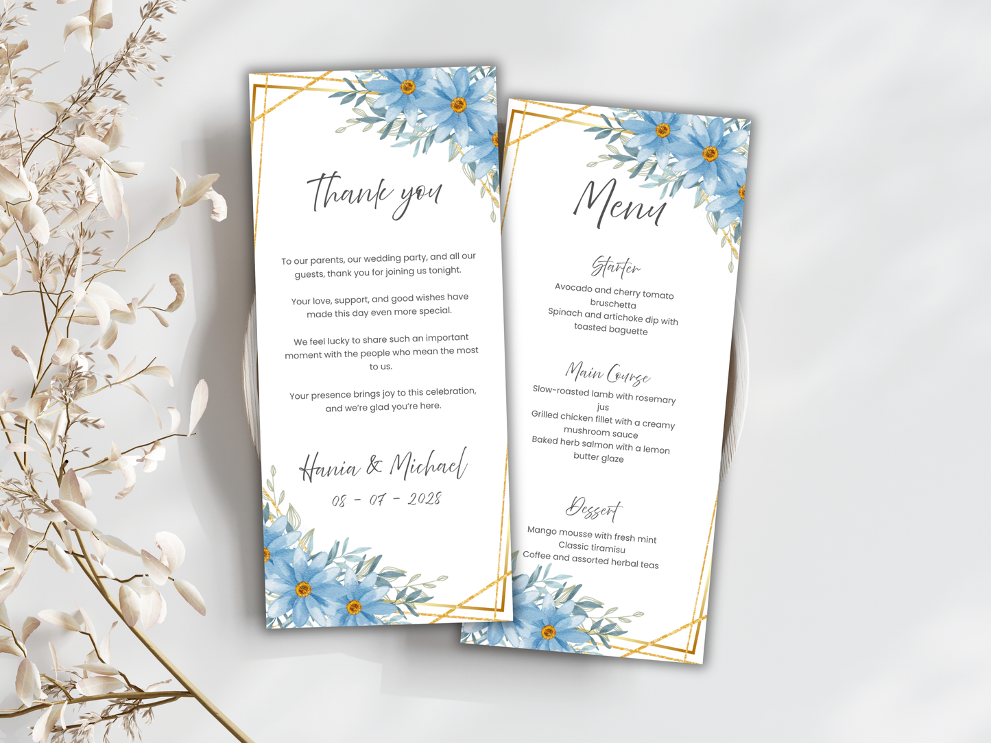 Floral Wedding Menu & Thank You Template | Editable Canva Place Card. WI209