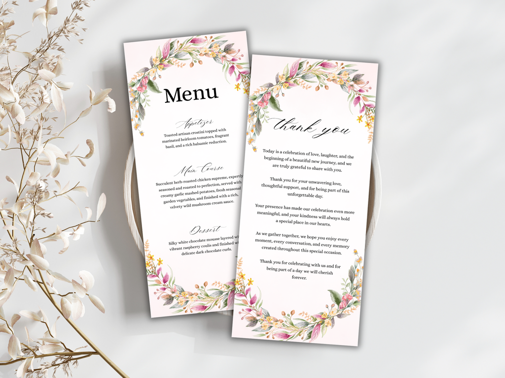 Floral Wedding Menu Card, Table, Thank you, Editable Canva Template, Instant Download MTC404