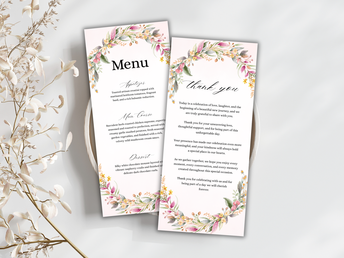 Floral Wedding Menu Card, Table, Thank you, Editable Canva Template, Instant Download MTC404