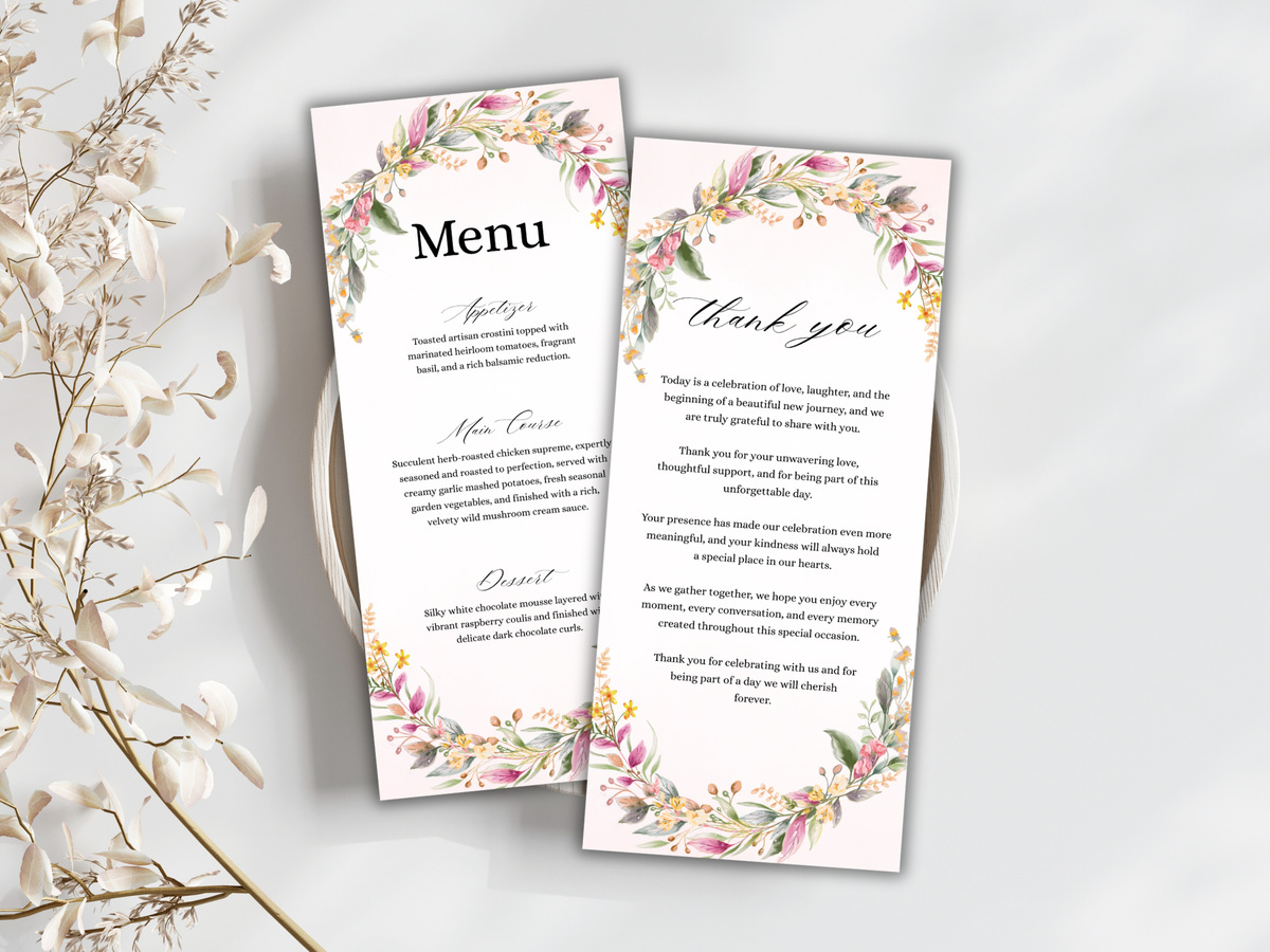 Floral Wedding Menu Card, Table, Thank you, Editable Canva Template, Instant Download MTC404