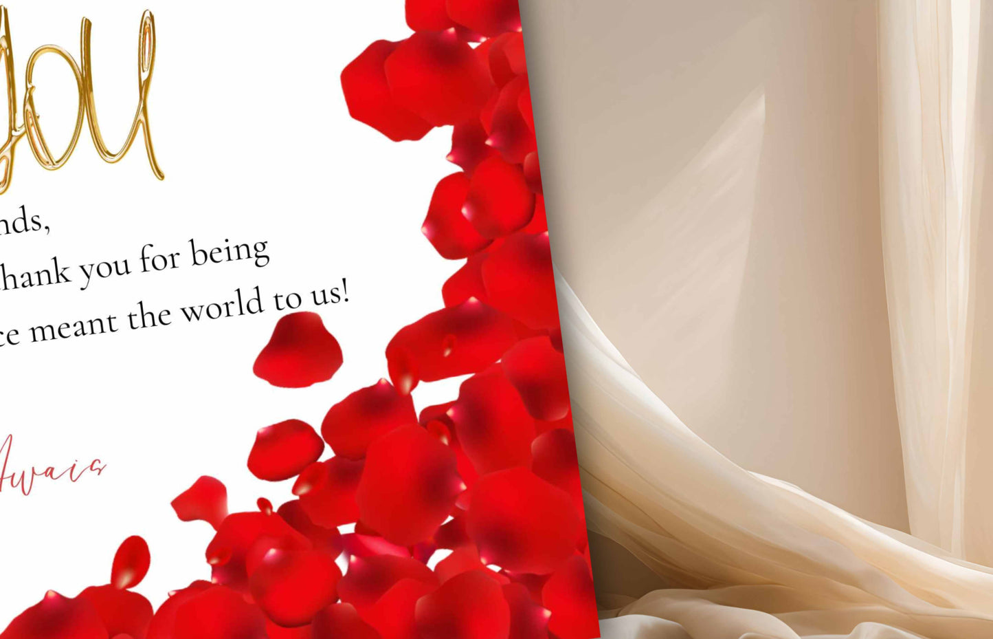 Printable Thank You Card, Editable Red, Gold and White Thank You Note, Red Petals Wedding Sign, Editable Modern Thank You Card. WSB48