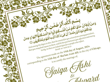 Floral Nikkah Certificate, Islamic Wedding Contract, Nikkah Nama, Muslim Marriage Certificate, Personalised Names, Quran Verse. NN280