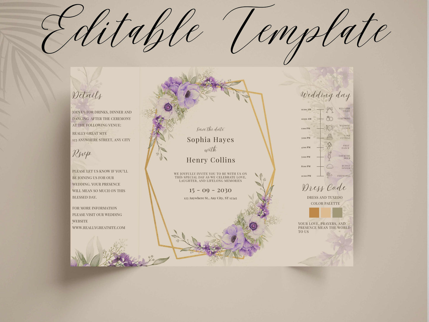 Elegant Purple Floral Wedding Invitation Template | Editable Printable Invite | Save the Date Card | Modern Romantic Wedding. WI168