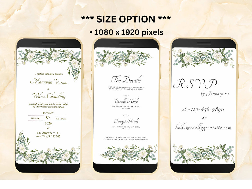 White Wedding Invitation, Online Invitation Template, White E-Invite, RSVP Invitation, Digital White Rose Wedding Invitation. WEIB35