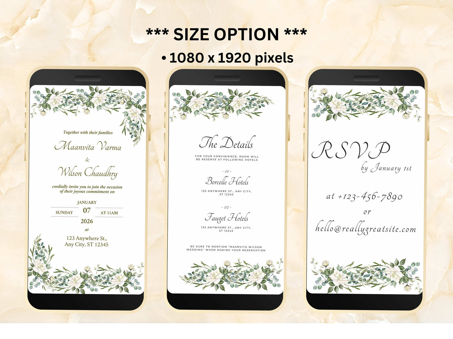 White Wedding Invitation, Online Invitation Template, White E-Invite, RSVP Invitation, Digital White Rose Wedding Invitation. WEIB35