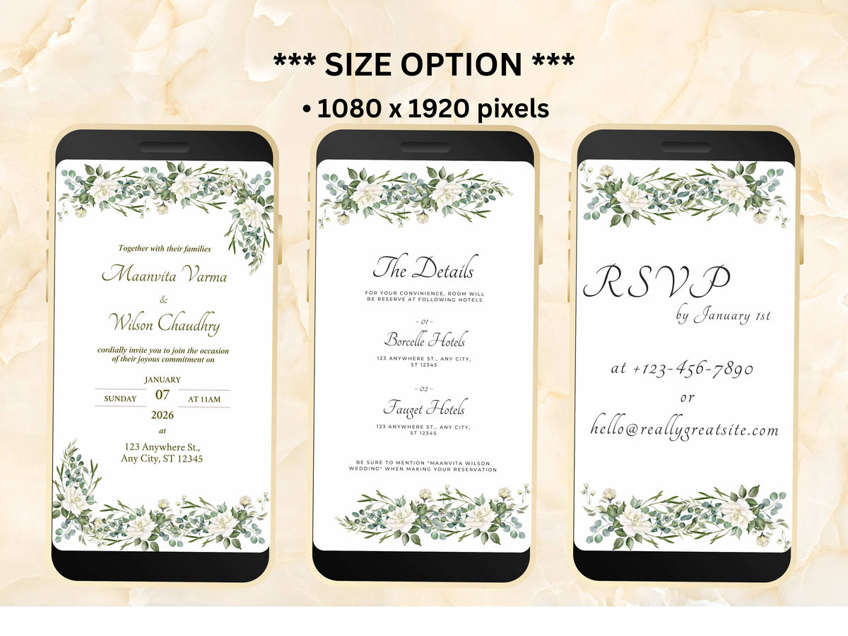 White Wedding Invitation, Online Invitation Template, White E-Invite, RSVP Invitation, Digital White Rose Wedding Invitation. WEIB35