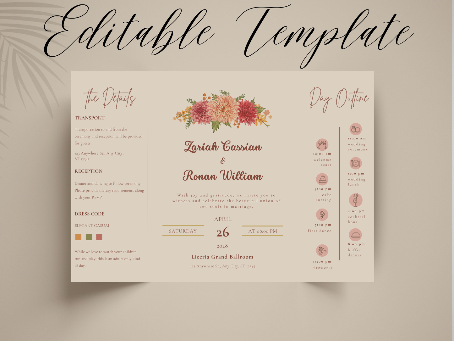 Editable Gatefold Wedding Invitation Template | Floral Wedding Itinerary & Details Card | Elegant Canva Invitation | Printable Wedding Suite. WI183