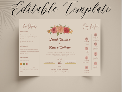 Editable Gatefold Wedding Invitation Template | Floral Wedding Itinerary & Details Card | Elegant Canva Invitation | Printable Wedding Suite. WI183