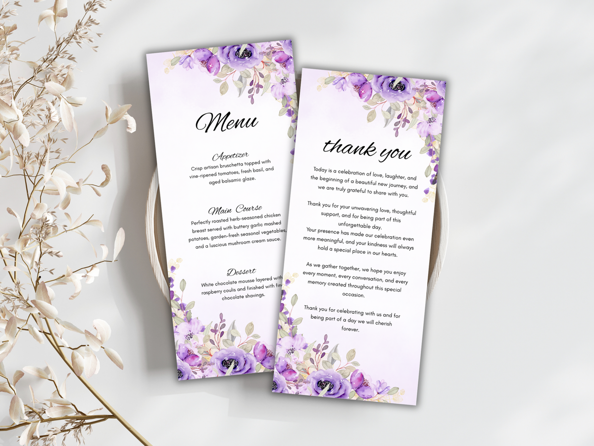 Wedding Menu, Thank You & Table Cards, Editable Canva Template WI400