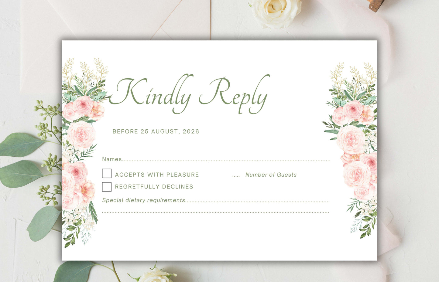 Blush Pink Rose Wedding Invitation, Boho Pink Sage Elegant Wedding Invite, Editable Floral Greenery Wedding Invitation. WEIB118