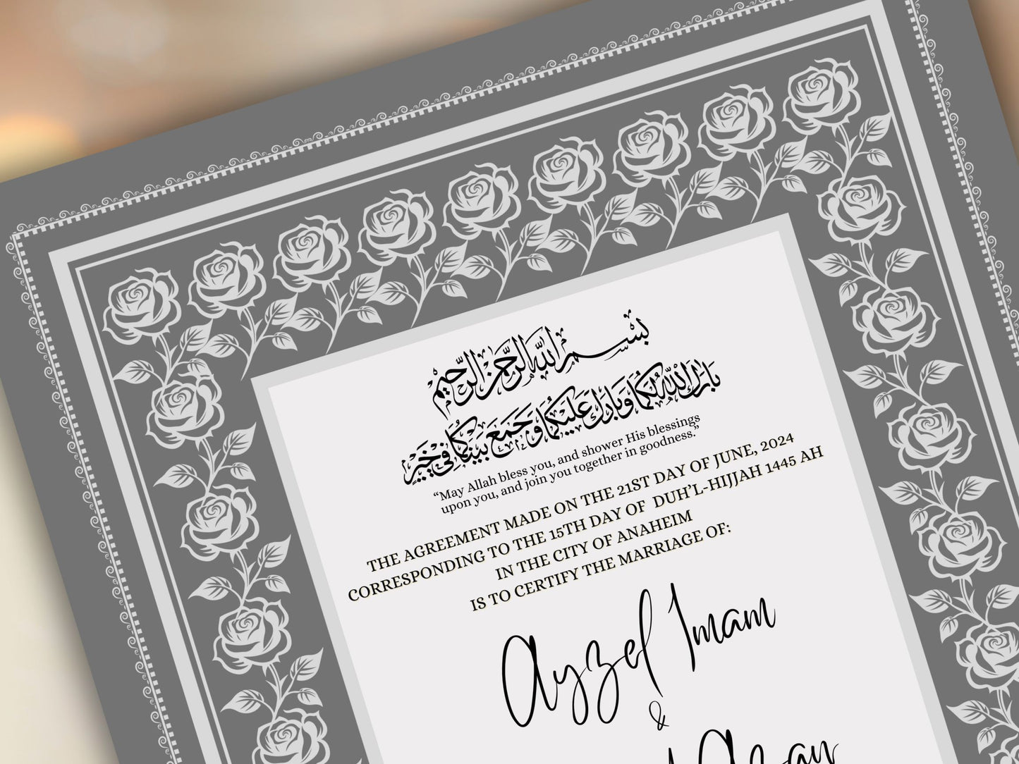 Rose Nikkah Certificate Template, Editable Nikkahnama, Printable Nikah Contract, Muslim Contract, Nikkah Islamic Marriage Contract.NN255