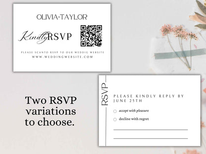 Wedding Invitation with QR Code, Minimal Wedding Invite Suite, Modern Invite, Simple Editable Invite Qr Code RSVP, Details Card . WT58