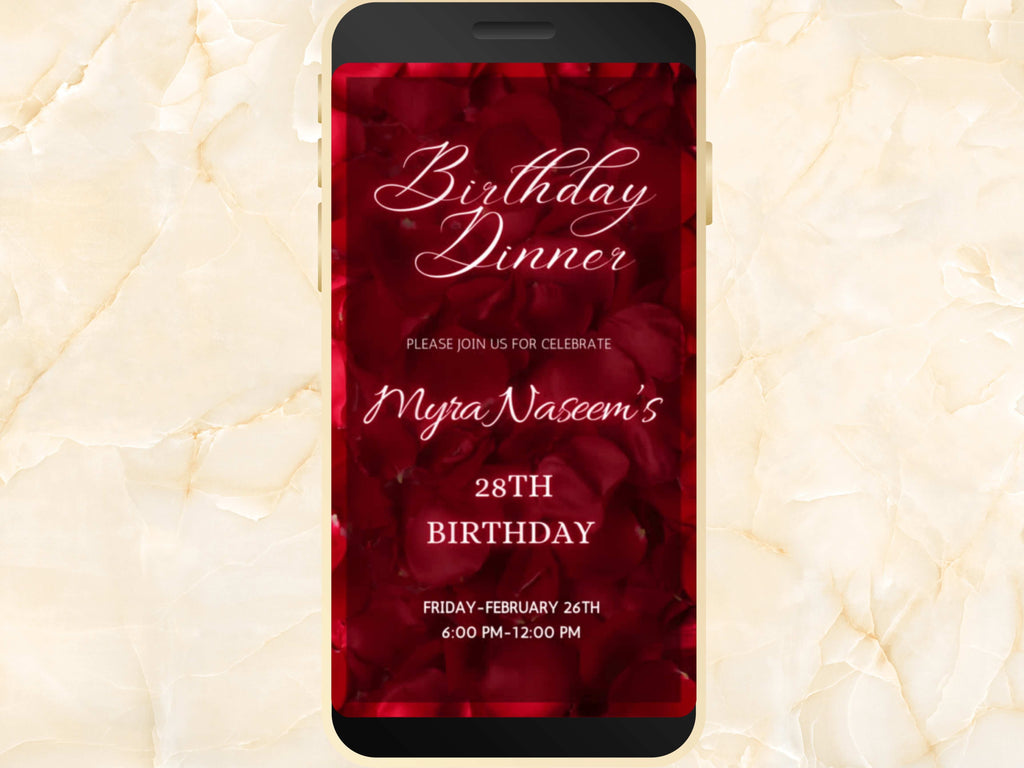 Birthday Party Invitation Template, Red Rose Petals Birthday Dinner Invitation, Birthday Evite, Editable Template, Instant Download. BEI13