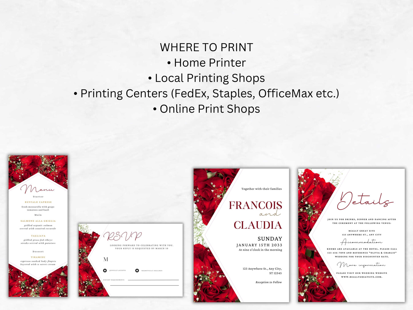 Red Rose Wedding Invitation set, Red Rose RSVP, Details Editable, Menu Card, Printable Wedding Suite, Wedding Invitation Template. WT48