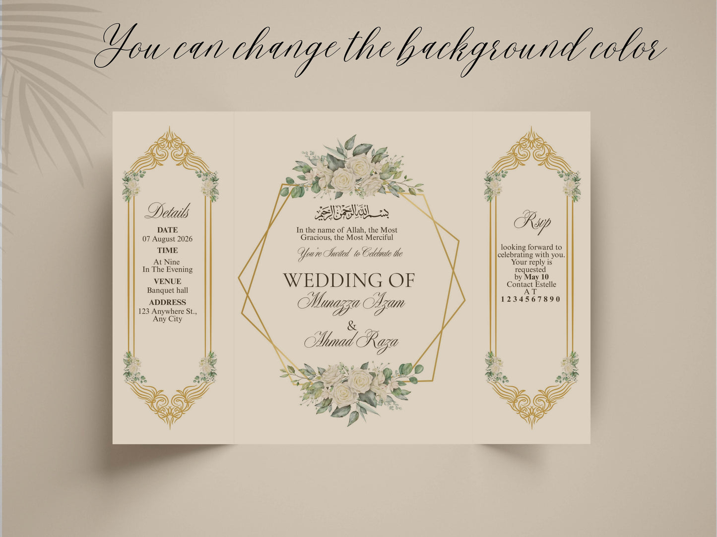 Islamic Wedding Invitation | Elegant Bismillah Card | Muslim Nikah Invitation | Green Floral Wedding Card | Printable Template. WI145