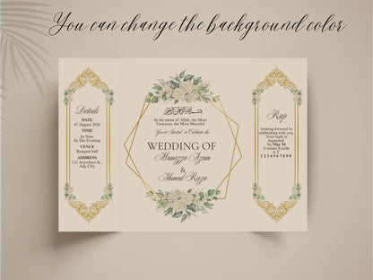 Islamic Wedding Invitation | Elegant Bismillah Card | Muslim Nikah Invitation | Green Floral Wedding Card | Printable Template. WI145